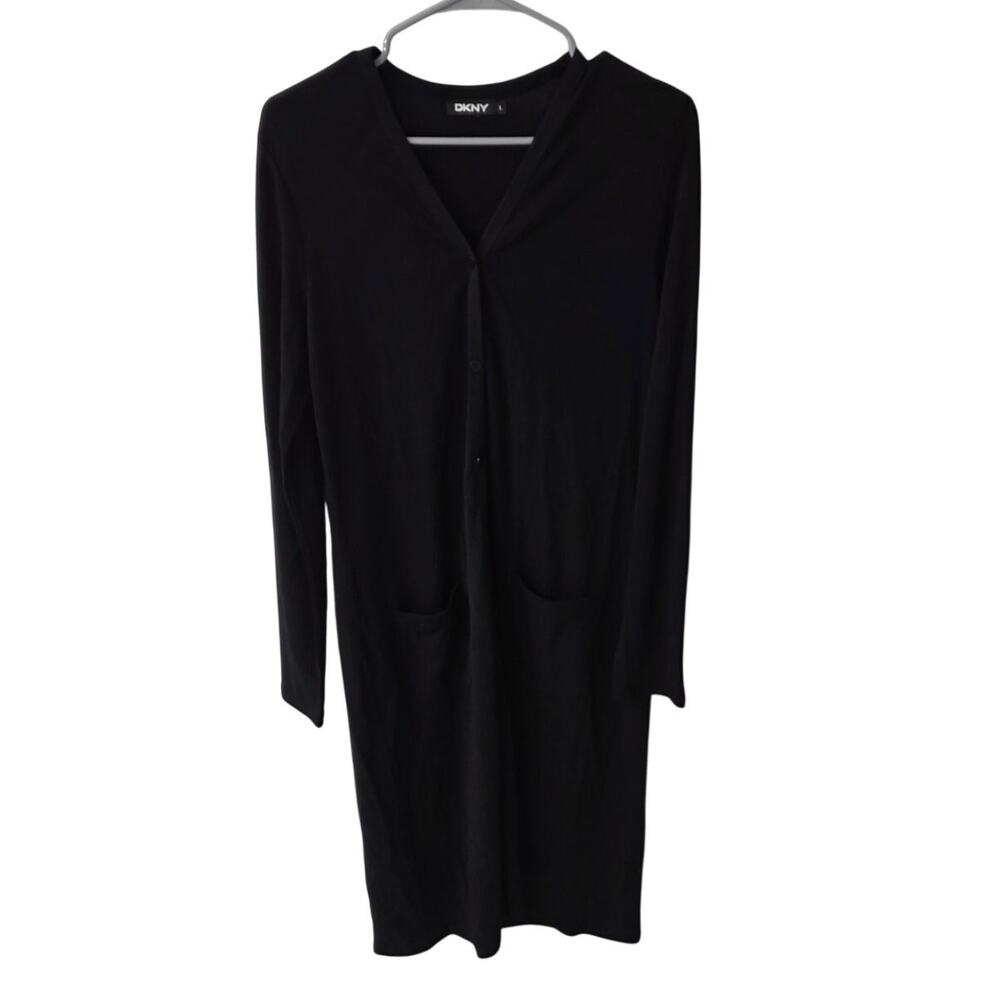 DKNY Black Long Sleeve Button Up Dress - Large